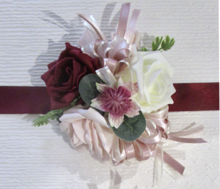 Burgundy & blush wrist corsage